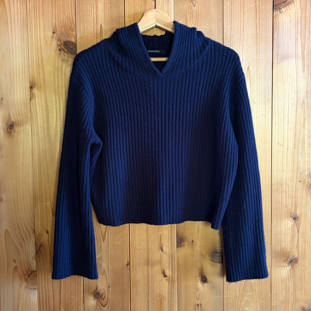 Elyse Walker Wool Hooded Rib Knit Crop Sweater